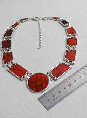 欧美风喜庆红滴釉几何项链女