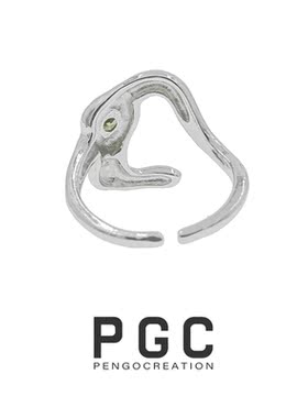 PTC 小众不规则异形线条设计宝石镶嵌纯银开口戒指
