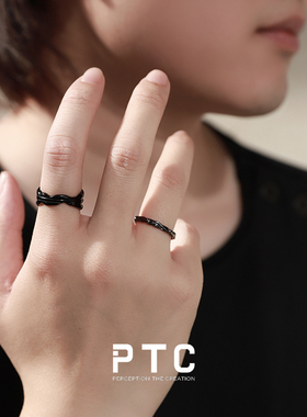 PTC中性风纯S925银黑色戒指