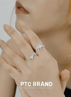 PTC 通体纯银异形十字星戒指玛瑙镶嵌小众设计女轻奢高级感指环男