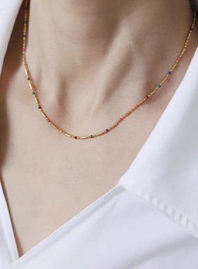 个性彩虹滴油小珠珠项链 波西米亚风裸链 ins时尚钛钢镀18K金项链