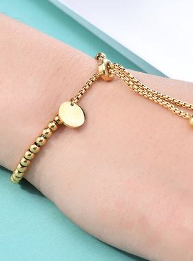 欧美新款ins风简约时尚圆形可调节钛钢圆珠手链手饰百搭气质显瘦