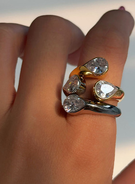 欧美轻奢时尚设计水滴钻戒指女欧美个性简约钛钢镀金指环女新款