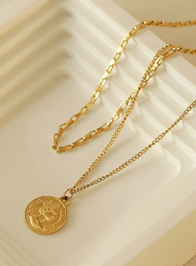 复古百搭轻奢高级感双层钛钢项链小众设计叠戴女王钱币卫衣颈链