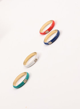 欧美时尚百搭彩色珐琅镶钻钛钢戒指钛钢镀18K金指环气质显瘦新款