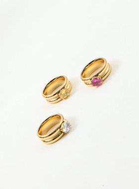 欧美时尚新款小众设计多色双弧面镶钻戒指指环钛钢镀金中指食指女