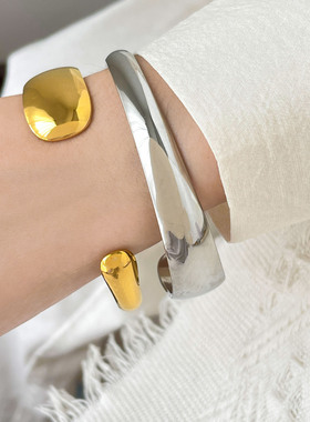 欧美时尚新款光面蛇形弧面不规则手镯钛钢镀18K金手环手饰女个性