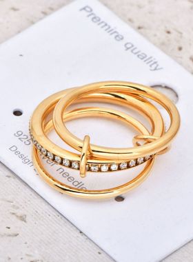 欧美时尚新款小众设计三环戒指满钻拼接指环钛钢镀18K金饰品食指