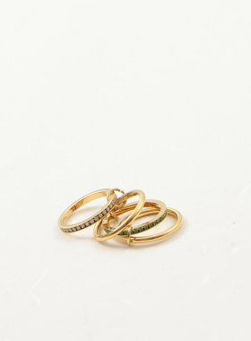 欧美时尚新款跨境个性四环镶白钻绿钻钛钢镀金戒指指环食指中指女