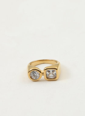 欧美时尚新款方形锆石圆锆拼接戒指钛钢镀18k金指环跨境新款个性