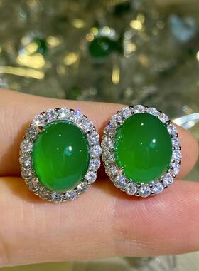 本命年简约起光绿玉髓蛋面耳钉百搭绿色玉石玛瑙女耳坠饰品满绿蛋
