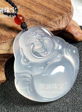 本命年高冰白玉髓弥勒佛吊坠玛瑙白冰女款玉石挂坠冰种通透佛公礼