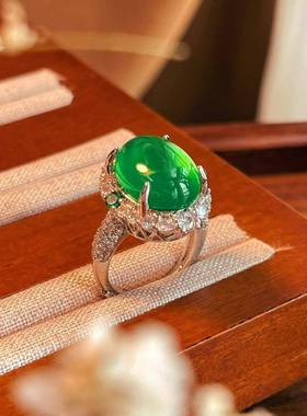 本命年起光绿玉髓大蛋面戒指体颗颗帝王绿媲美翡翠色玉石女戒指礼