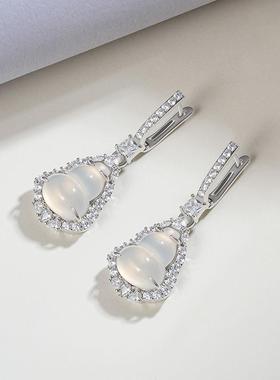 本命年925银镶嵌冰种白玉髓耳钉翡翠绿玉髓玛瑙玉石豪华耳坠礼物