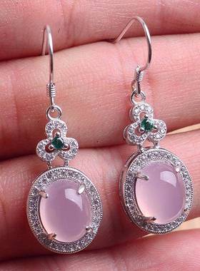 本命年925银耳钩阳绿水滴玉髓耳环粉色玛瑙耳坠蓝宝石耳夹韩气质