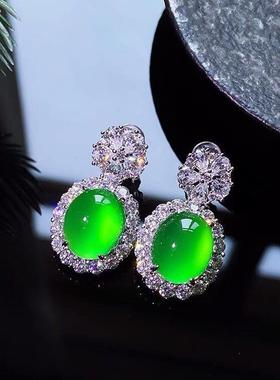 本命年冰种绿玉髓耳钉轻奢强荧光玉髓耳钉银镶嵌高级感玉石耳钉礼