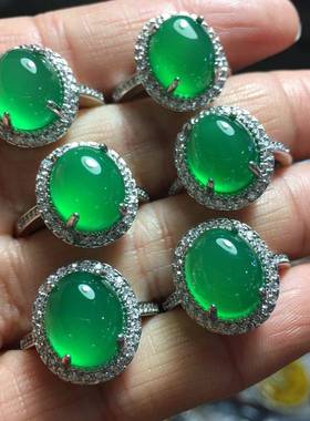 本命年帝王绿玉髓戒指翡翠阳绿色戒面925银镶可调节女戒指环礼物