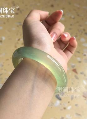 本命年岫玉手镯玉镯子晴水湖水绿抹茶色青玉扁条款玉石女士饰品礼