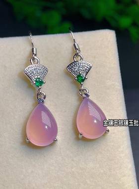 本命年925银耳钩冰种绿玉髓耳环帝王绿翡翠色玛瑙玉石耳坠耳饰品
