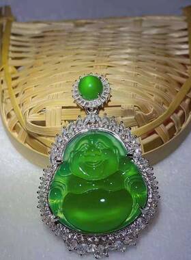 本命年绿玉髓佛吊坠翠绿色大肚佛925银镶嵌配银链女式色笑面佛礼