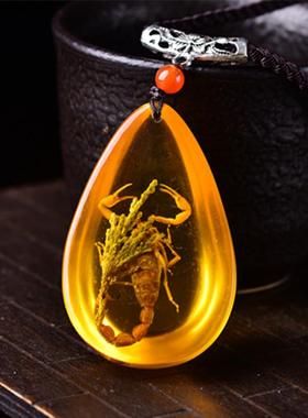 本命年蜜蜡琥珀蝎子化石水滴吊坠挂件项链男女款文玩礼物