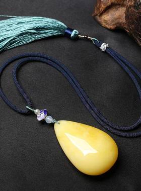 本命年白花蜜罗汉眼挂绳毛衣链蜜蜡吊坠水滴款项链挂件礼物