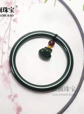 本命年新疆和田玉青玉美人条手镯细条粗条手镯莲蓬坠子玉镯礼物