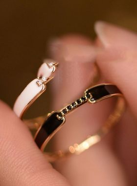 本命年珐琅之戒黑珐琅戒指镀S925银黑钻石戒指日系百搭耐看礼物