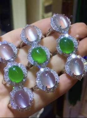 本命年925银豪华绿玉髓戒指冰种白玉髓起荧光复古石翡翠色指环礼