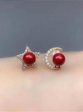 本命年朱砂耳钉925银耳针紫红女转运珠红豆耳环相思豆耳饰礼物