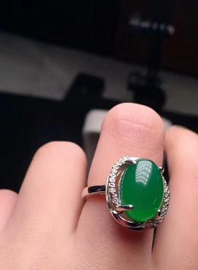 本命年玉戒指女925银镶时尚祖母翠绿冰种通透玛瑙玉髓戒指简约开