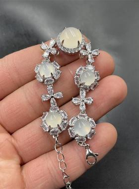 本命年银镶嵌冰白色玉髓玛瑙手链女款精品银色镶嵌冰种白玛瑙手串