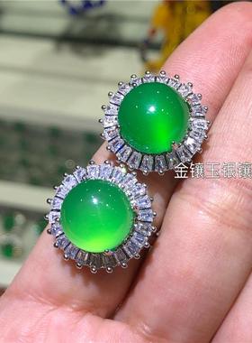 本命年绿玉髓戒指女款银镶嵌圆形蛋面翠色帝王绿玉石女戒指环开口