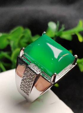 本命年玛瑙绿玉髓男款戒指925银镶嵌男士指环阳绿帝王绿玉扳指礼
