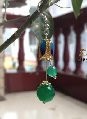 本命年925银冰绿色玉髓玉石水晶耳环复古民族风耳坠饰品古装百搭