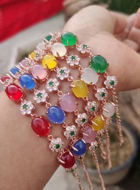 本命年925银镶手链冰种玉髓翡翠玉宝石水晶红色阳绿满色冰透白手