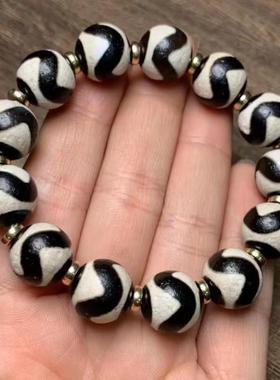 本命年高油包浆老玛瑙回纹手串黑白万天珠手链宝瓶三眼古首饰礼物