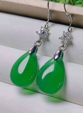 本命年冰种925银镶嵌绿玉髓耳坠玛瑙玉石礼物