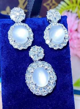 本命年银镶嵌冰种白玉髓鸽子蛋吊坠套装玉石手链戒指耳环三件套礼