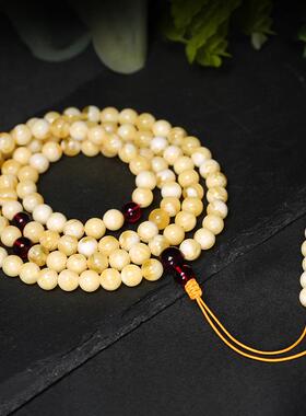 本命年蜜蜡白花蜜手链108颗血珀手串圆珠鸡油黄男女款项链念珠礼