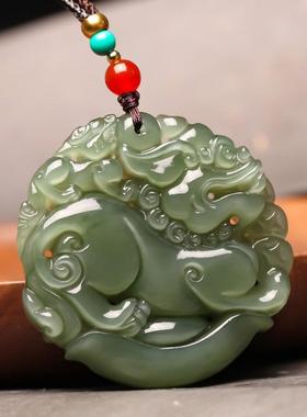本命年和田玉青玉双面貔貅吊坠项链貔恘男女款玉石招财转运霸王皮