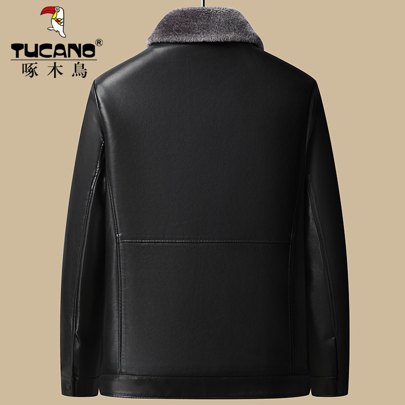 啄木鸟2024新款翻领男士皮衣冬季加绒加厚中老年爸爸外套冬装夹克,淘宝优惠券,粉丝福利购,淘宝优惠卷
