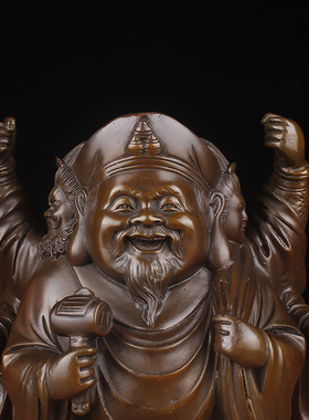 纯铜三面大黑天财神佛像摆件大黑天菩萨像铜摆件招手财神本命佛像