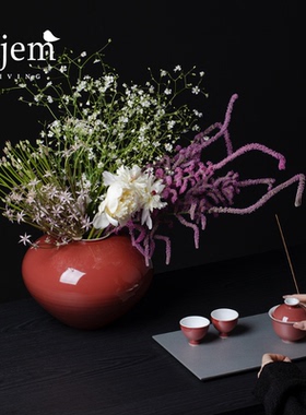 Hjem LIVING·豇豆红大肚陶瓷花瓶 中式家用样板间干花水培插花器