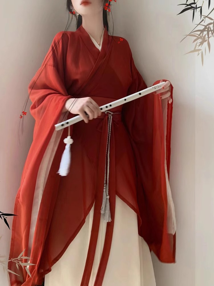 出租红色武侠女风汉服古装魏晋制齐腰八破裙古风舞蹈演出服租赁借