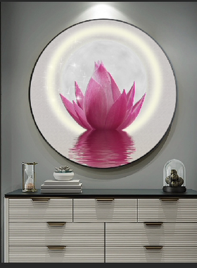 轻奢新中式荷韵壁挂画背景墙古风荷花晶瓷画玄关墙圆形莲花装饰画