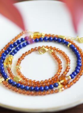 「卿橙」原创小众天然橙石榴石青金石四圈手链一款两戴毛衣链