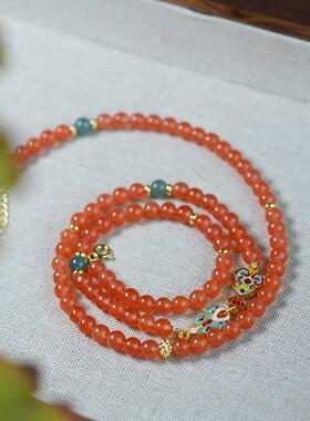「南栀」原创设计款天然樱桃南红三圈蓝水翡翠手链毛衣链女生礼物