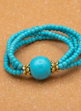 女士蓝色石头合金民族风多层手链