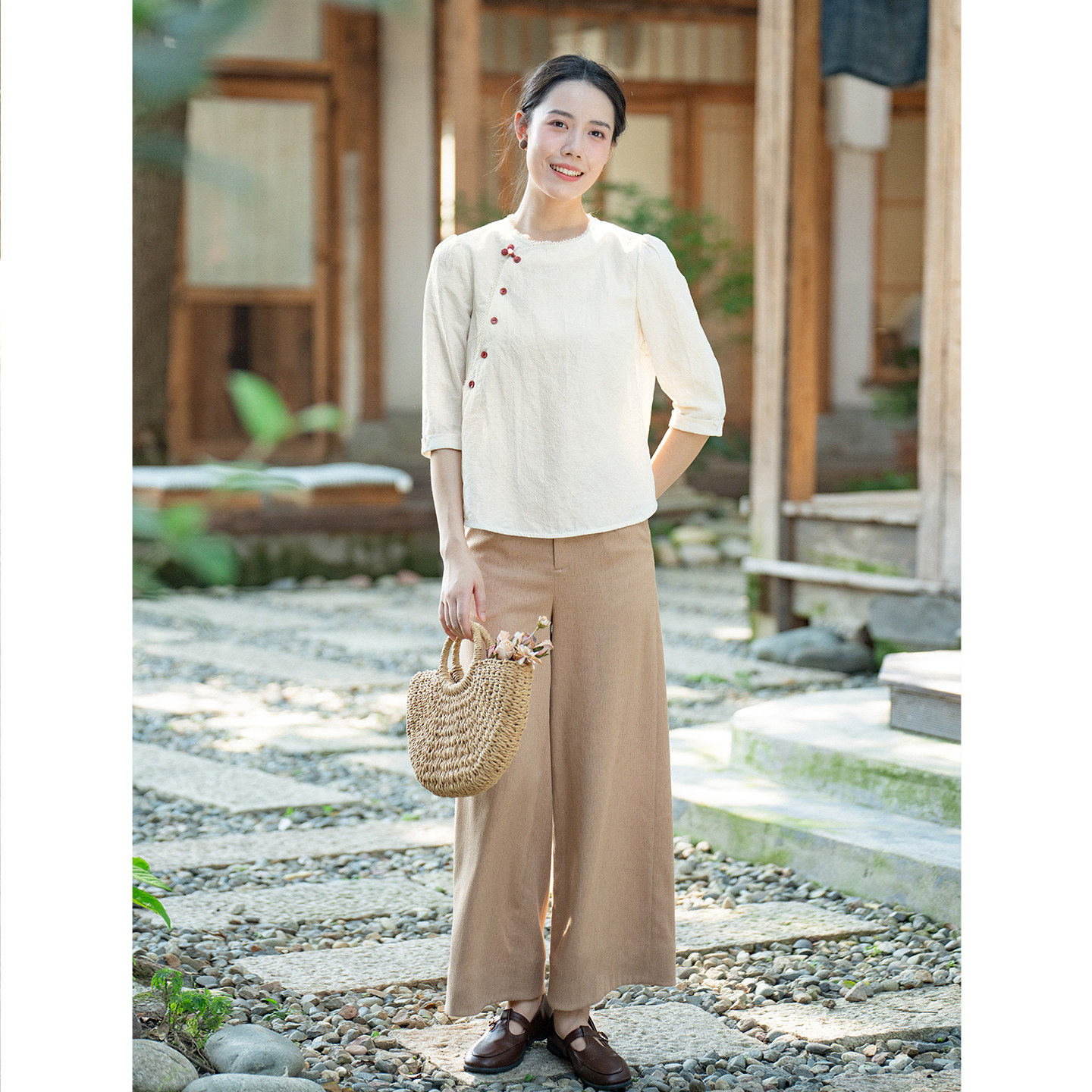 纻衣米杏色提花棉新中式文艺衬衫女2025秋装新品宽松通勤百搭上衣,淘宝优惠券,粉丝福利购,淘宝优惠卷